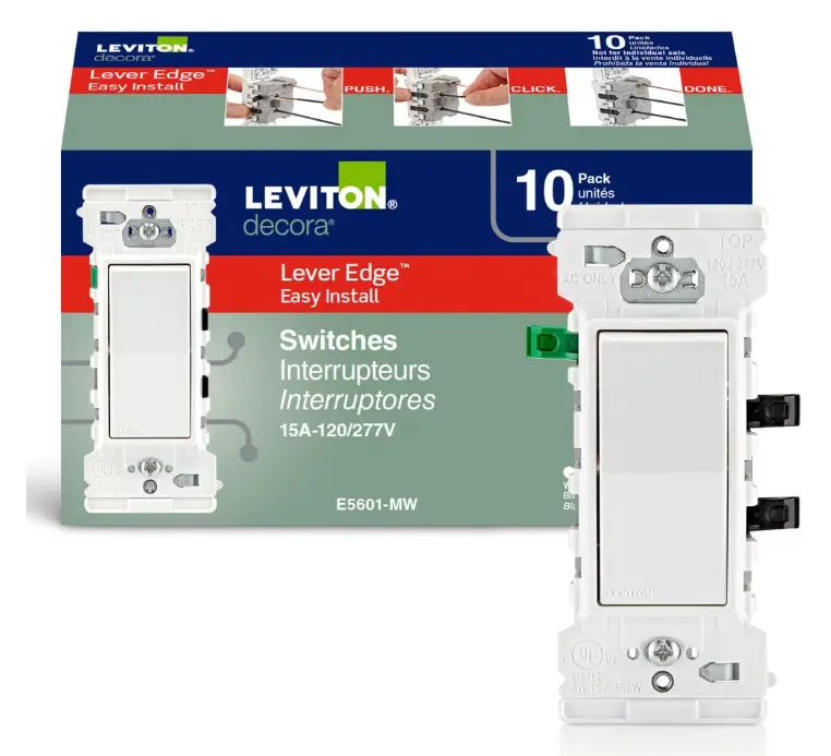 Leviton Lever Edge 15 Amp Single Pole Rocker Switch, E5601-MW, White
